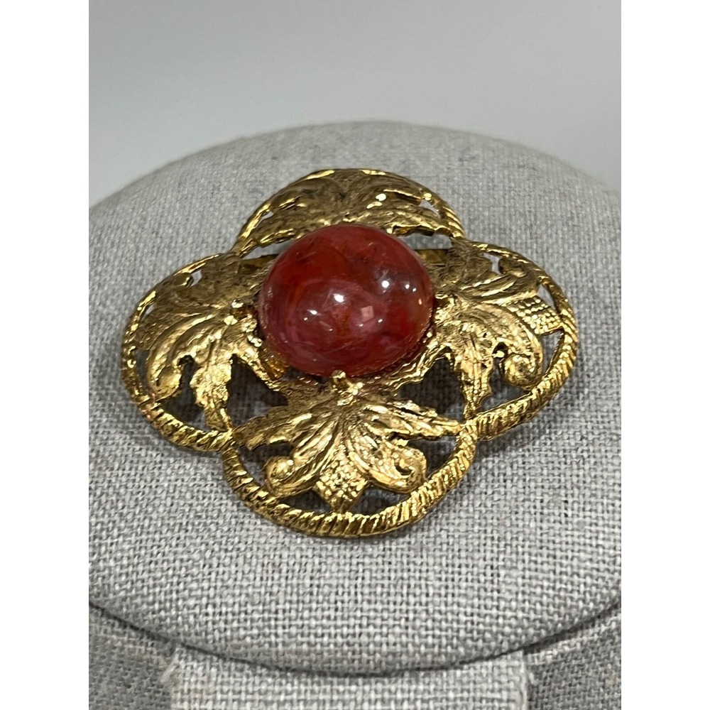Vintage Leaf Pin Brooch with Red Cabochon
